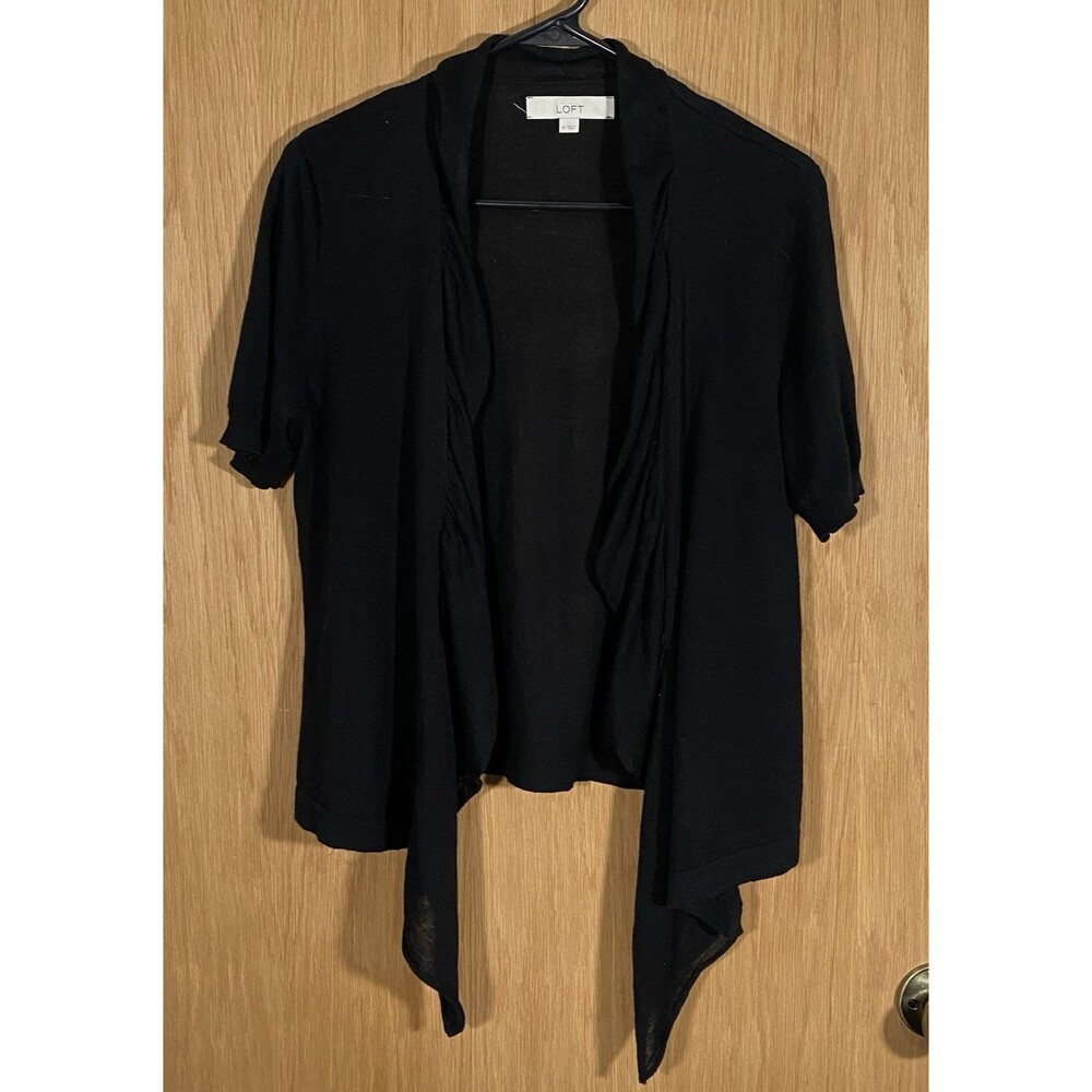 Women's M Black Cardigan Sweater Open Waterfall Front Minimalist Career Linen - Picture 2 of 8